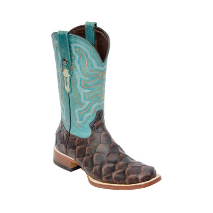 TANNER MARK MEN’S Matte Monster Fish Print Brown Western Boots Whit Volcano Turquoise Top - Rancho Sementalvariable