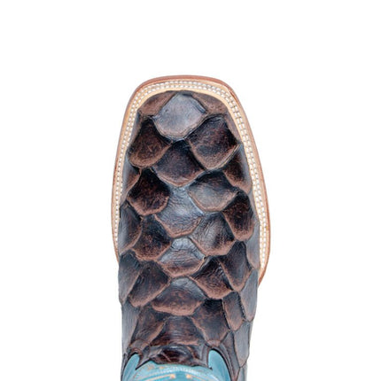 TANNER MARK MEN’S Matte Monster Fish Print Brown Western Boots Whit Volcano Turquoise Top - Rancho Sementalvariable