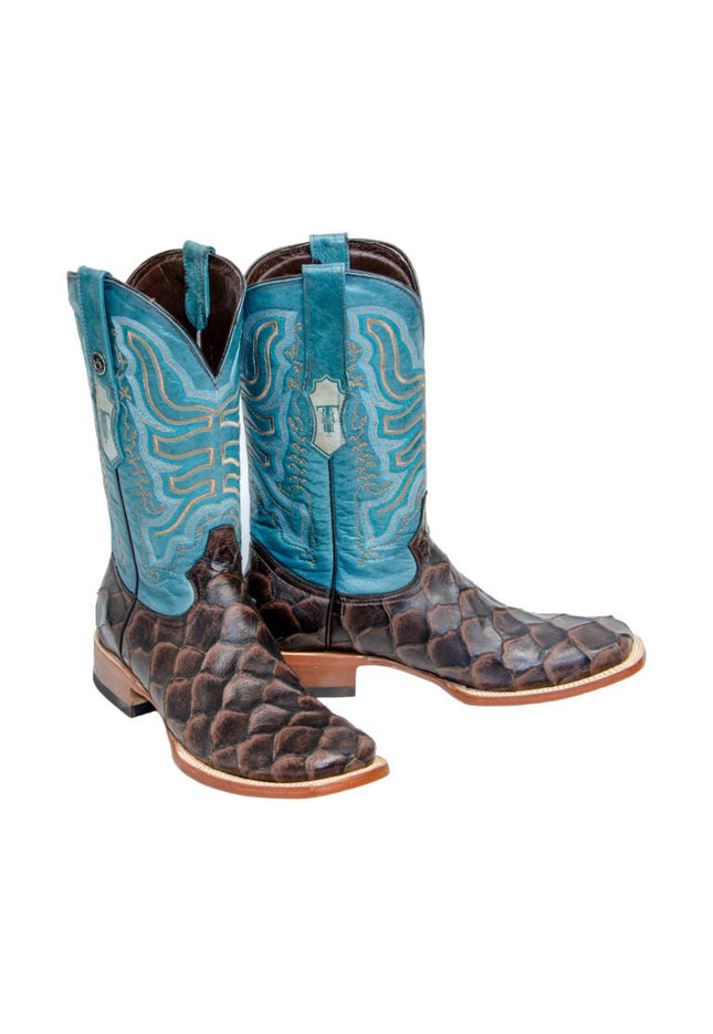 TANNER MARK MEN’S Matte Monster Fish Print Brown Western Boots Whit Volcano Turquoise Top - Rancho Sementalvariable