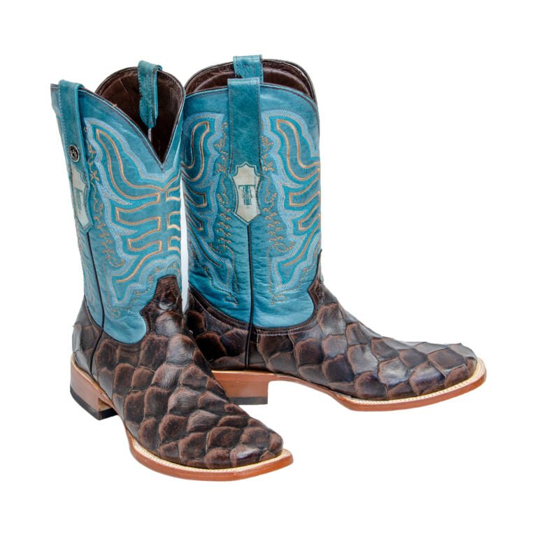 TANNER MARK MEN’S Matte Monster Fish Print Brown Western Boots Whit Volcano Turquoise Top - Rancho Sementalvariable