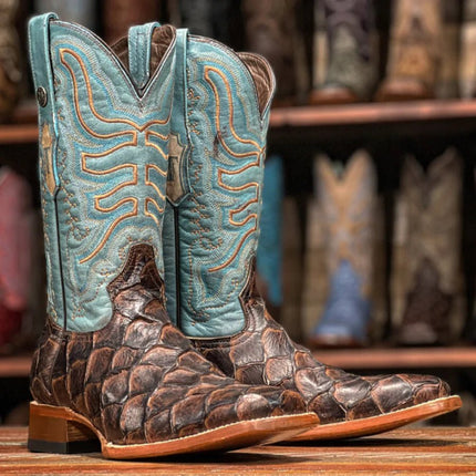 TANNER MARK MEN’S Matte Monster Fish Print Brown Western Boots Whit Volcano Turquoise Top - Rancho Sementalvariable