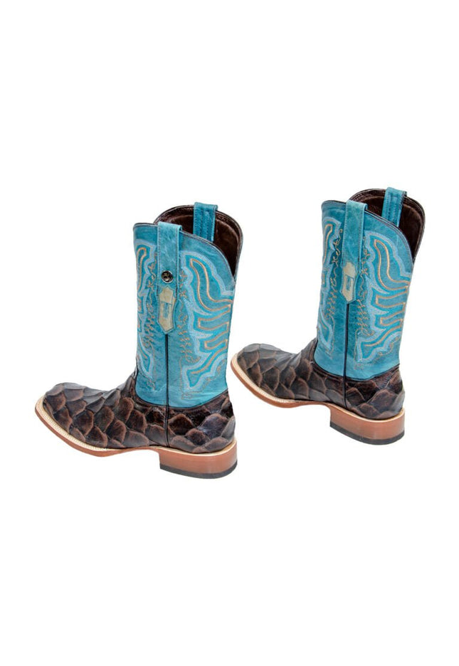 TANNER MARK MEN’S Matte Monster Fish Print Brown Western Boots Whit Volcano Turquoise Top - Rancho Sementalvariable