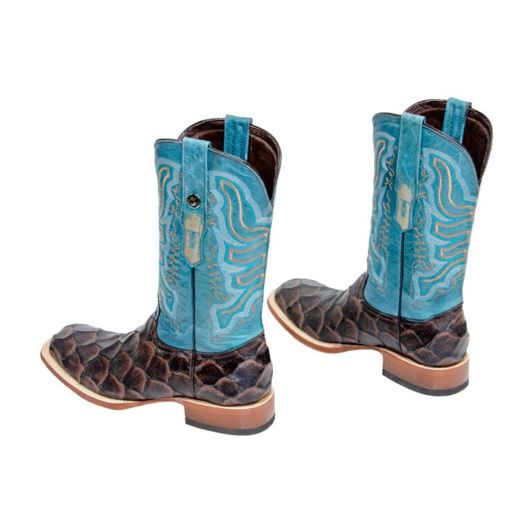 TANNER MARK MEN’S Matte Monster Fish Print Brown Western Boots Whit Volcano Turquoise Top - Rancho Sementalvariable