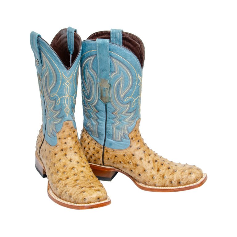 TANNER MARK MEN’S Matte Ostrich Rustic Orix Western Boots Whit Volcano Turquoise Top - Rancho Sementalvariable