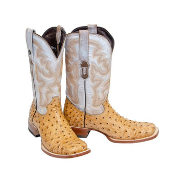 TANNER MARK MEN’S Ostrich Rustic Orix Print Western Boots Whit Indian Honey Top - Rancho Sementalvariable