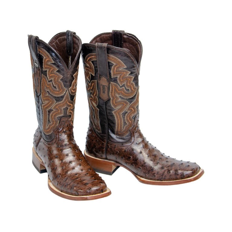 TANNER MARK MEN’S Ostrich Rustic Print Brown Western Boots Whit Oklahoma Brown Top - Rancho Sementalvariable