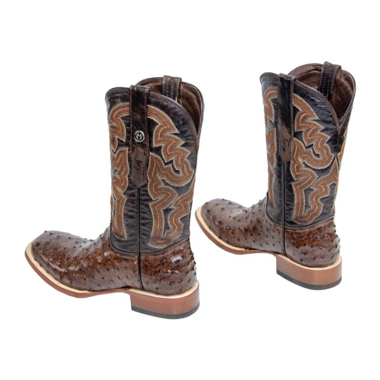 TANNER MARK MEN’S Ostrich Rustic Print Brown Western Boots Whit Oklahoma Brown Top - Rancho Sementalvariable