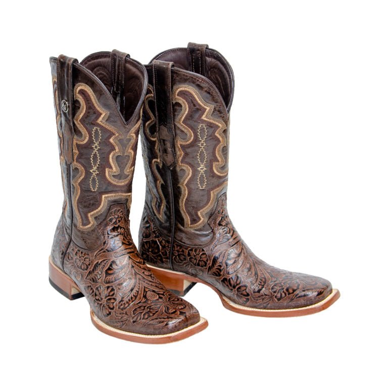 TANNER MARK MEN’S Print Hand Tooled Classic Brown Western Boots Marble Brown Top - Rancho Sementalvariable