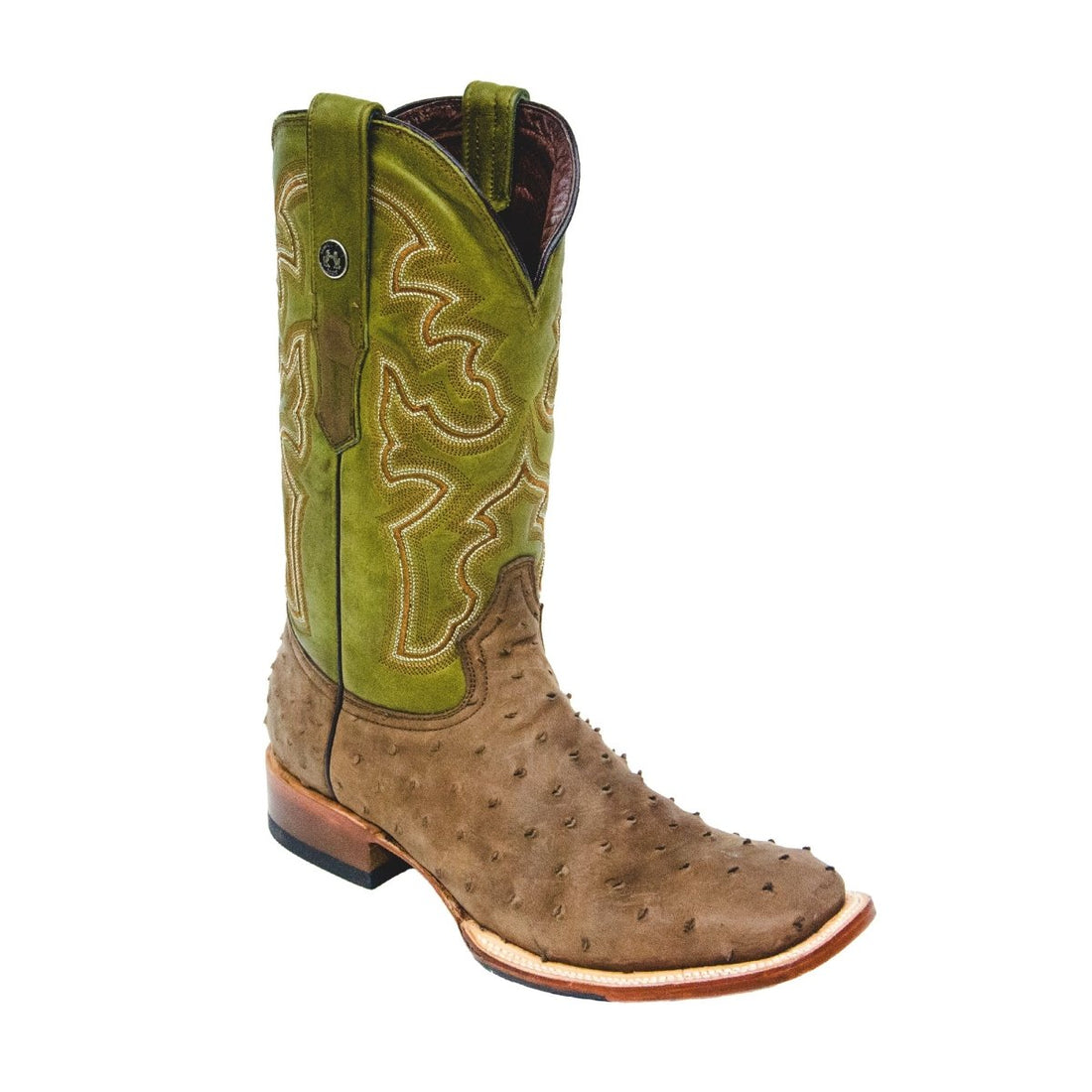 TANNER MARK MEN’S Print Ostrich Nobuck Brown Western Boots With CTV Green Top / Hybrid Sole - Rancho Sementalvariable