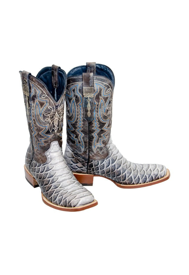 TANNER MARK MEN’S Python Jumbo Print Natural Western Boots Whit Toscana Blue Top - Rancho Sementalvariable