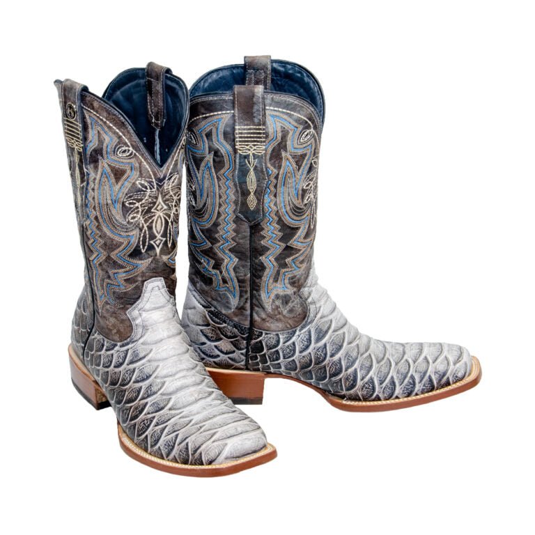 TANNER MARK MEN’S Python Jumbo Print Natural Western Boots Whit Toscana Blue Top - Rancho Sementalvariable