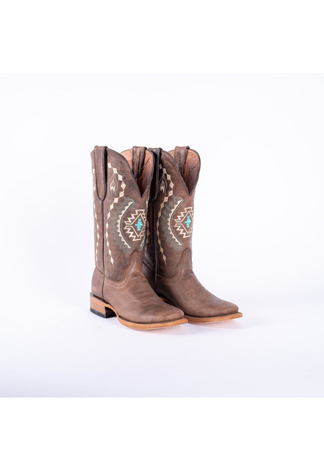 TANNER MARK WOMEN’S Albuquerque Crackle Brown Cowgirl Boots With Aztec Embroidery Top - Rancho Sementalvariable