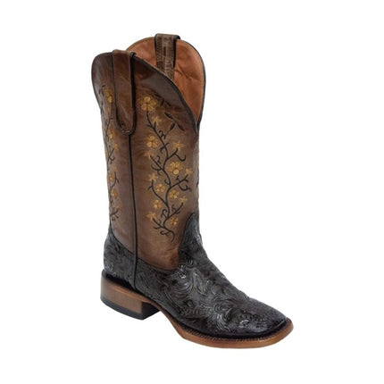 TANNER MARK WOMEN’S Barbara Hand Tool Burnished Brown Cowgirl Boots Whit Floral Embroidery Top - Rancho Sementalvariable