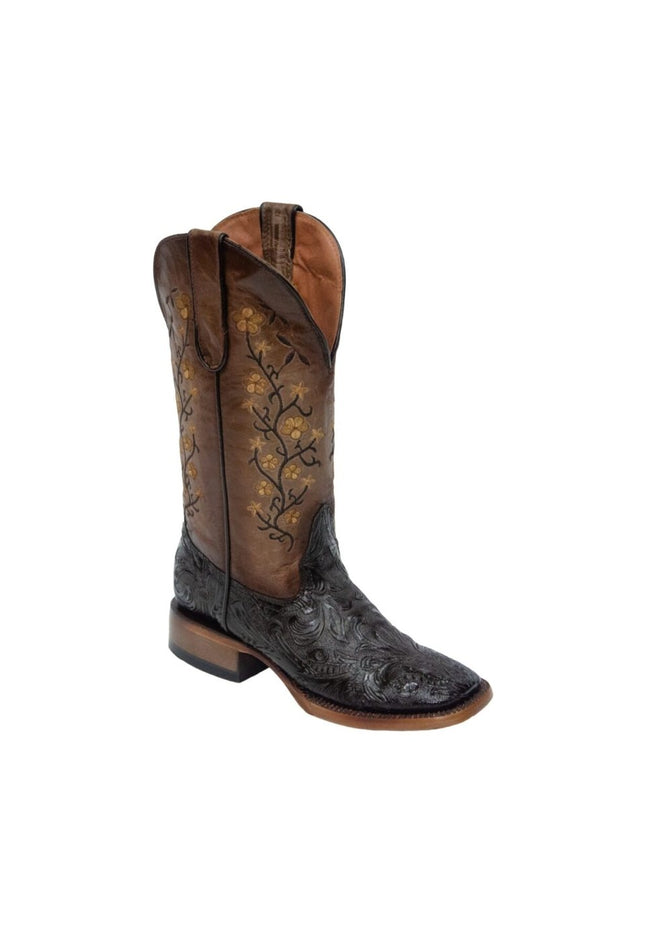TANNER MARK WOMEN’S Barbara Hand Tool Burnished Brown Cowgirl Boots Whit Floral Embroidery Top - Rancho Sementalvariable