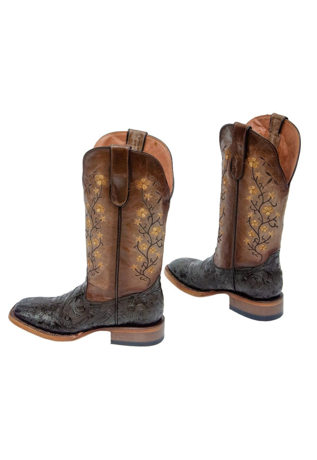 TANNER MARK WOMEN’S Barbara Hand Tool Burnished Brown Cowgirl Boots Whit Floral Embroidery Top - Rancho Sementalvariable