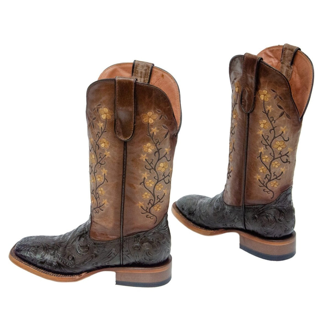 TANNER MARK WOMEN’S Barbara Hand Tool Burnished Brown Cowgirl Boots Whit Floral Embroidery Top - Rancho Sementalvariable