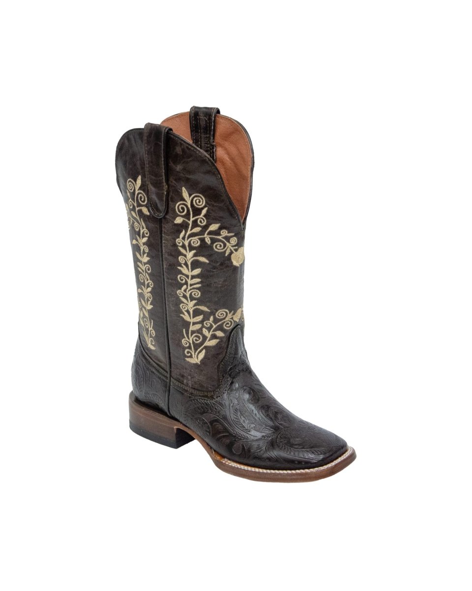 TANNER MARK WOMEN’S Baytown Hand Tooled Brown Print Cowgirl Boots Whit Floral Embroidery Top - Rancho Sementalvariable