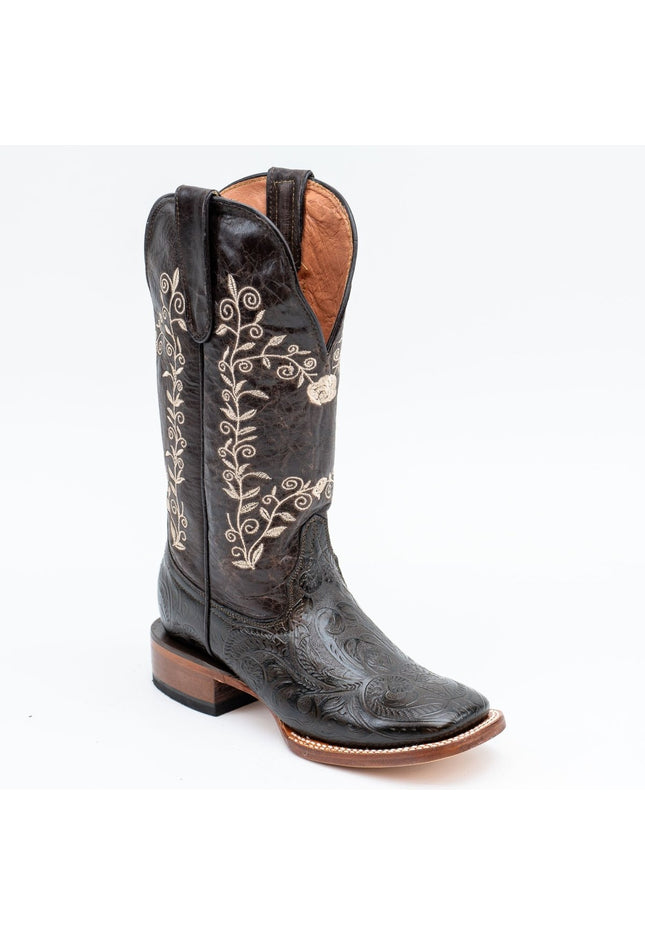 TANNER MARK WOMEN’S Baytown Hand Tooled Brown Print Cowgirl Boots Whit Floral Embroidery Top - Rancho Sementalvariable