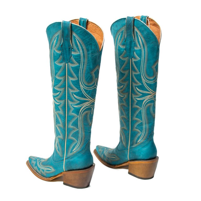 TANNER MARK WOMEN’S Billie Crackle Turquoise Fashion Heel Knee High Cowgirl Boots - Rancho Sementalvariable