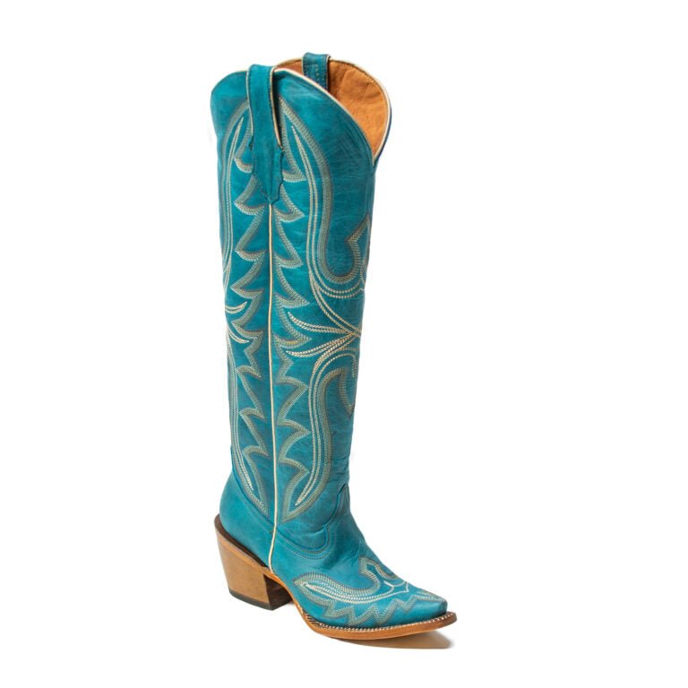 TANNER MARK WOMEN’S Billie Crackle Turquoise Fashion Heel Knee High Cowgirl Boots - Rancho Sementalvariable