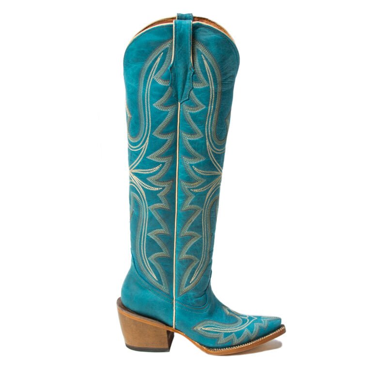 TANNER MARK WOMEN’S Billie Crackle Turquoise Fashion Heel Knee High Cowgirl Boots - Rancho Sementalvariable