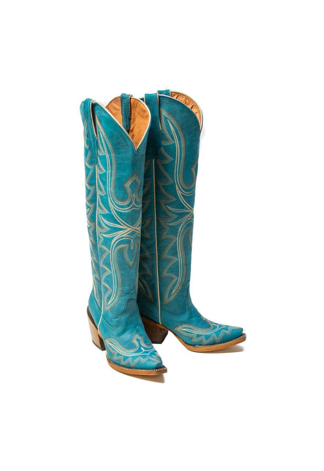 TANNER MARK WOMEN’S Billie Crackle Turquoise Fashion Heel Knee High Cowgirl Boots - Rancho Sementalvariable