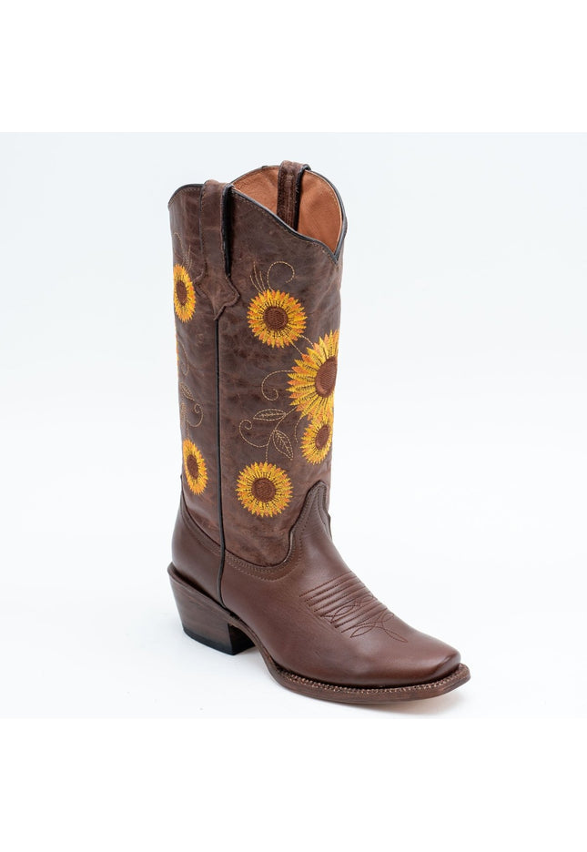 TANNER MARK WOMEN’S Cedar Park Vintage Brown Cowgirl Boots Whit Sunflower Embroidery Top - Rancho Sementalvariable