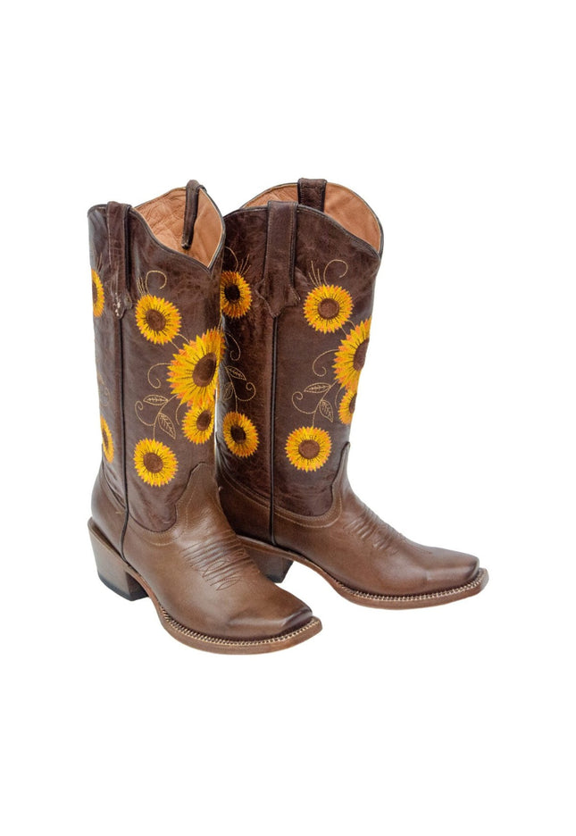 TANNER MARK WOMEN’S Cedar Park Vintage Brown Cowgirl Boots Whit Sunflower Embroidery Top - Rancho Sementalvariable