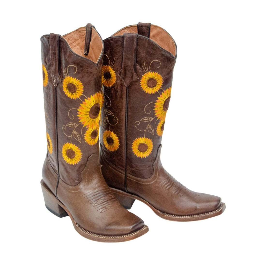 TANNER MARK WOMEN’S Cedar Park Vintage Brown Cowgirl Boots Whit Sunflower Embroidery Top - Rancho Sementalvariable