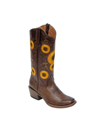 TANNER MARK WOMEN’S Cedar Park Vintage Brown Cowgirl Boots Whit Sunflower Embroidery Top - Rancho Sementalvariable