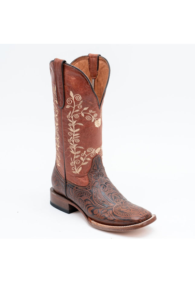 TANNER MARK WOMEN’S Conroe Hand Tooled Cognac Print Cowgirl Boots Whit Floral Embroidery Top - Rancho Sementalvariable
