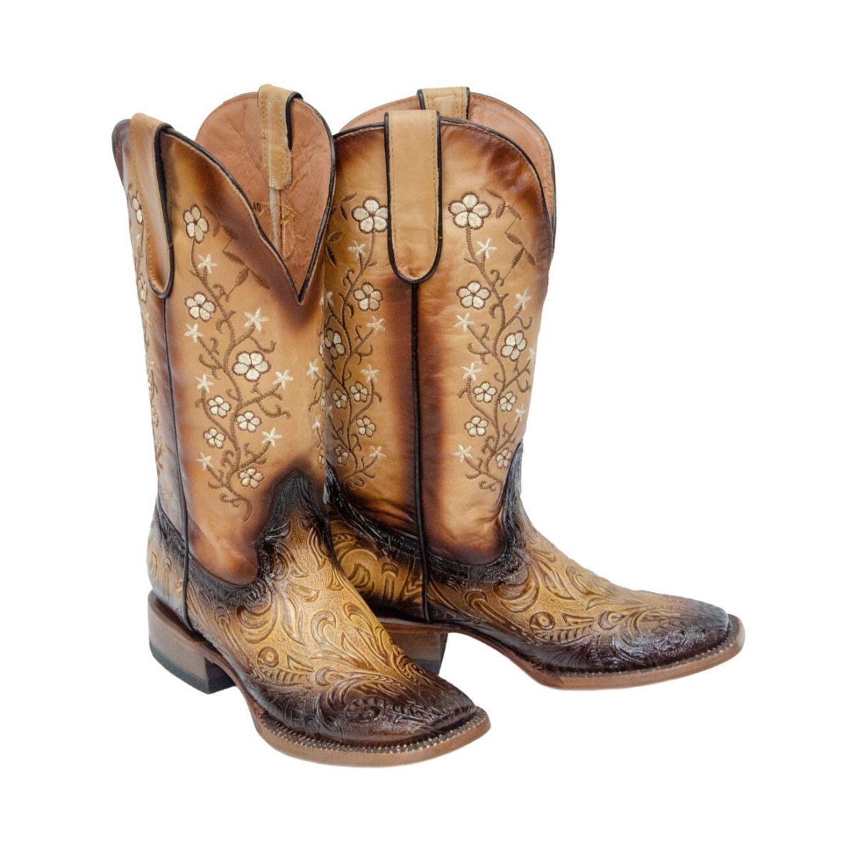 TANNER MARK WOMEN’S Gabriela Hand Tool Burnished Natural Tan Cowgirl Boots Whit Floral Embroidery Top - Rancho Sementalvariable