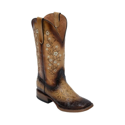 TANNER MARK WOMEN’S Gabriela Hand Tool Burnished Natural Tan Cowgirl Boots Whit Floral Embroidery Top - Rancho Sementalvariable