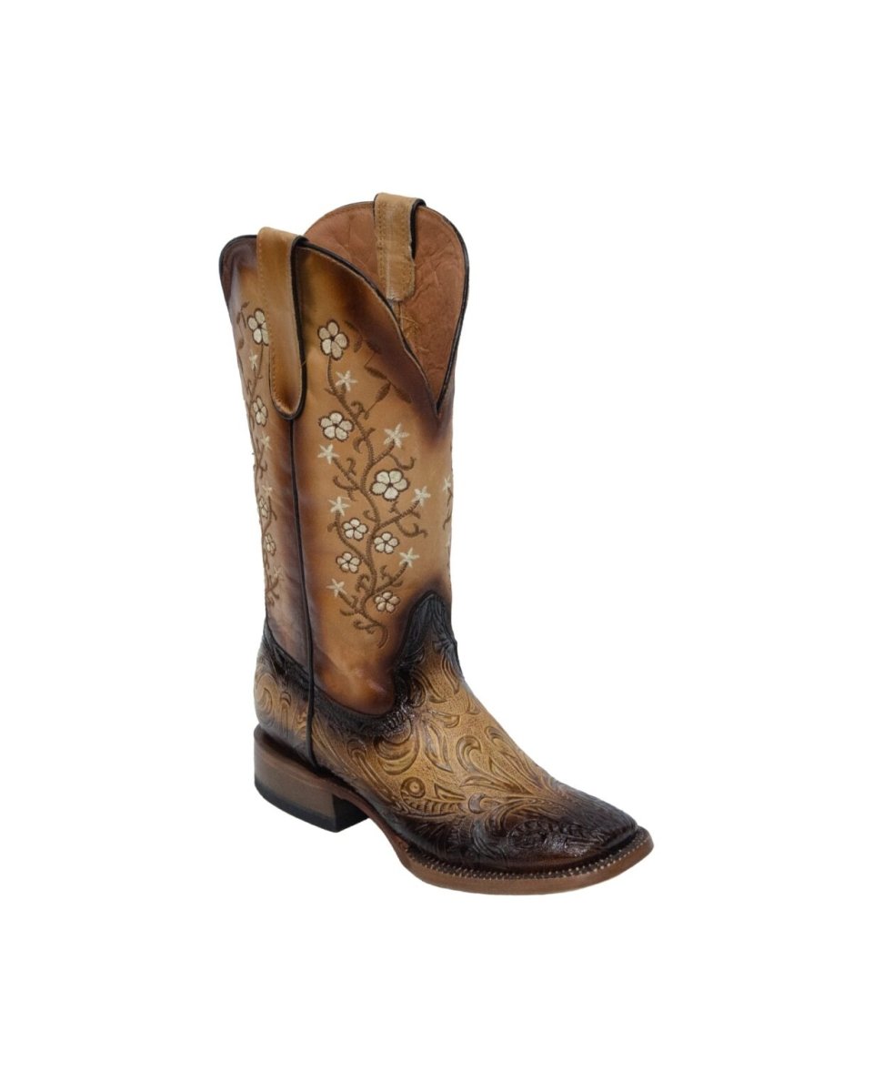 TANNER MARK WOMEN’S Gabriela Hand Tool Burnished Natural Tan Cowgirl Boots Whit Floral Embroidery Top - Rancho Sementalvariable