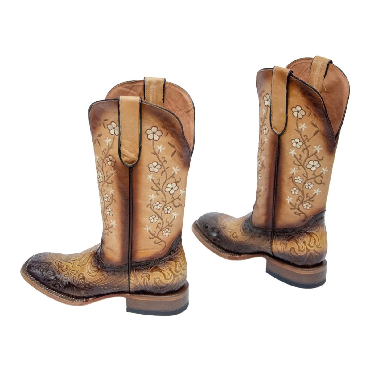 TANNER MARK WOMEN’S Gabriela Hand Tool Burnished Natural Tan Cowgirl Boots Whit Floral Embroidery Top - Rancho Sementalvariable