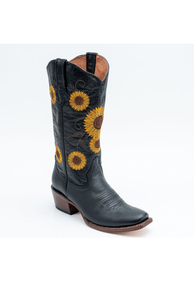 TANNER MARK WOMEN’S Galveston Vintage Black Cowgirl Boots Whit Sunflower Embroidery Top - Rancho Sementalvariable