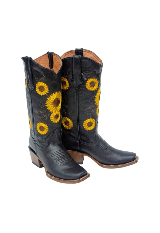 TANNER MARK WOMEN’S Galveston Vintage Black Cowgirl Boots Whit Sunflower Embroidery Top - Rancho Sementalvariable