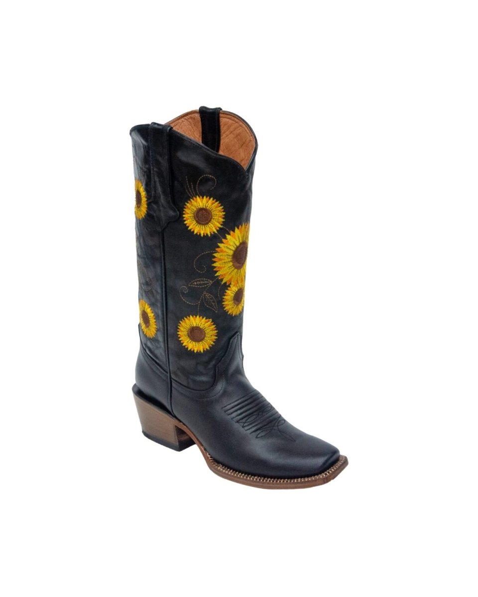 TANNER MARK WOMEN’S Galveston Vintage Black Cowgirl Boots Whit Sunflower Embroidery Top - Rancho Sementalvariable