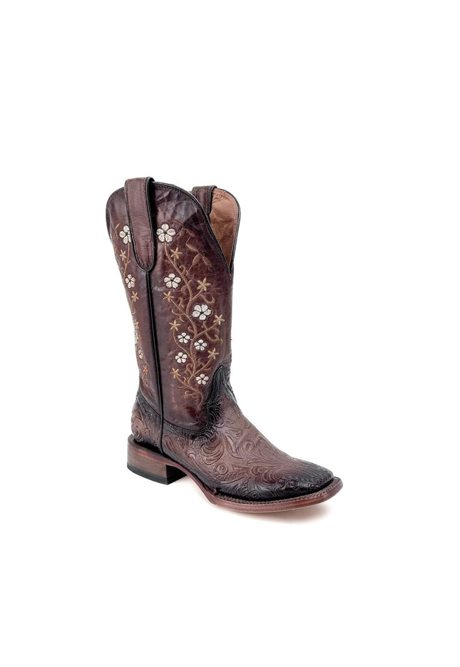 TANNER MARK WOMEN’S Hand Tool Burnished Natural Orix Cowgirl Boots Whit Floral Embroidery Top - Rancho Sementalvariable