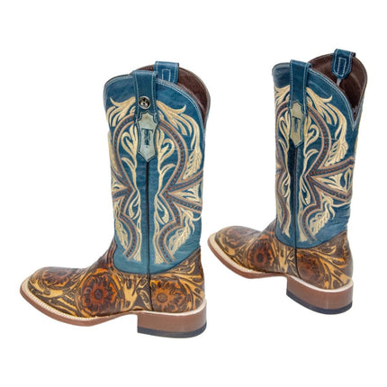 TANNER MARK WOMEN’S Hand Tool Jungle Orix - Cognac Cowgirl Boots With Volcano Blue Top - Rancho Sementalvariable