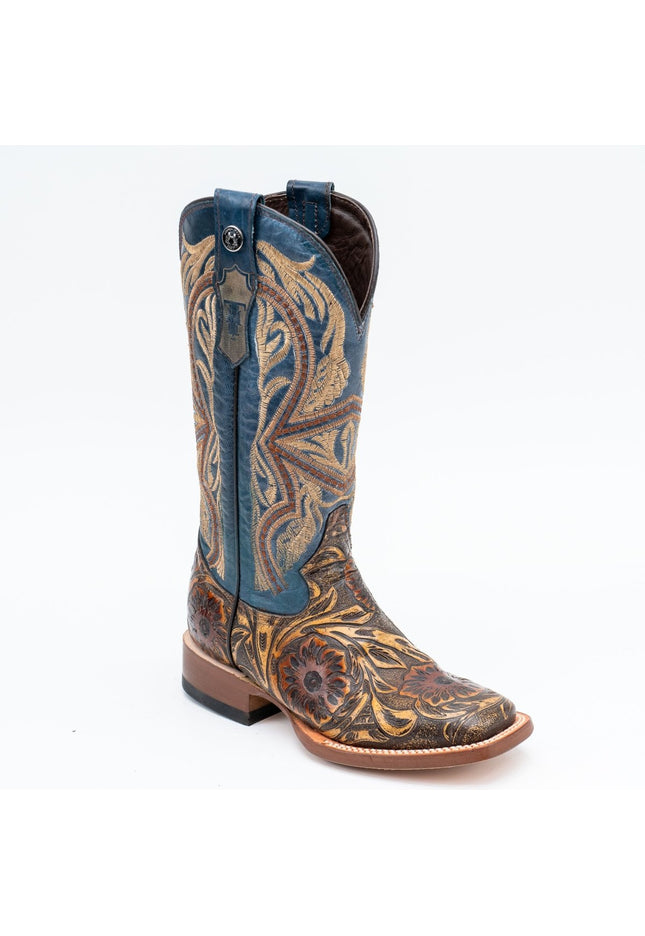 TANNER MARK WOMEN’S Hand Tool Jungle Orix - Cognac Cowgirl Boots With Volcano Blue Top - Rancho Sementalvariable