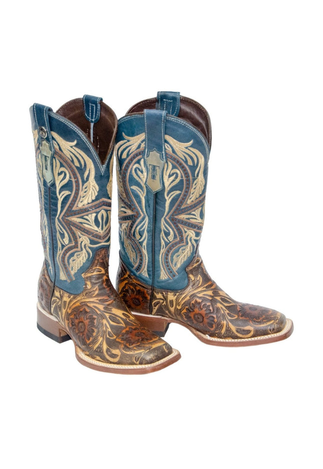 TANNER MARK WOMEN’S Hand Tool Jungle Orix - Cognac Cowgirl Boots With Volcano Blue Top - Rancho Sementalvariable