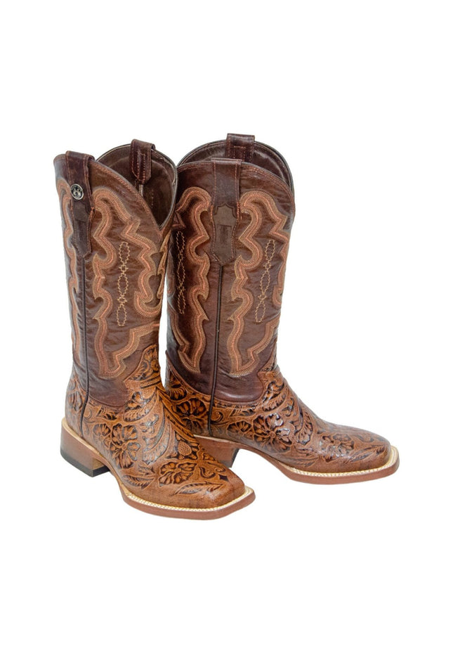 TANNER MARK WOMEN’S Hand Tooled Classic Cognac Cowgirl Boots Whit Marble Cognac Top - Rancho Sementalvariable