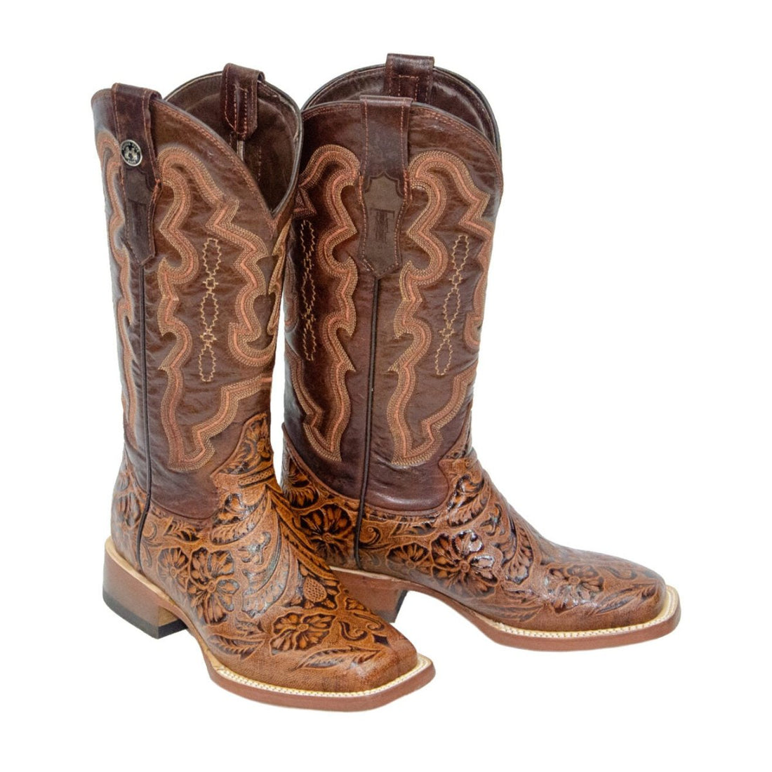 TANNER MARK WOMEN’S Hand Tooled Classic Cognac Cowgirl Boots Whit Marble Cognac Top - Rancho Sementalvariable