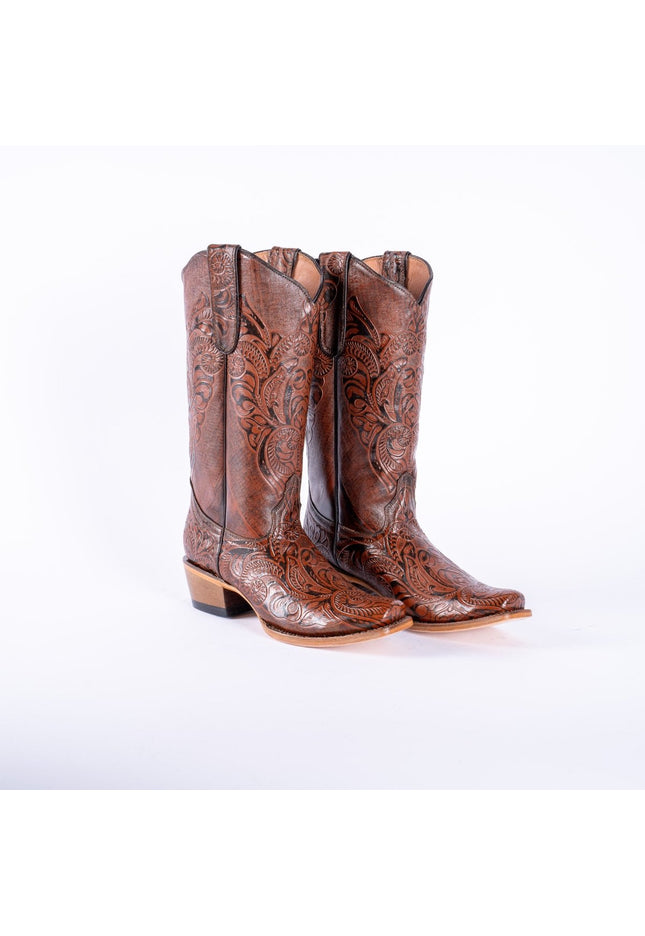 TANNER MARK WOMEN’S Handtooled Print Cognac Cowgirl Boots - Rancho Sementalvariable