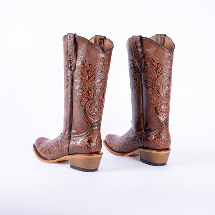 TANNER MARK WOMEN’S Handtooled Print Cognac Cowgirl Boots - Rancho Sementalvariable