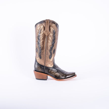 TANNER MARK WOMEN’S Handtooled Print Gold Cowgirl Boots With Burnished Gold Top - Rancho Sementalvariable