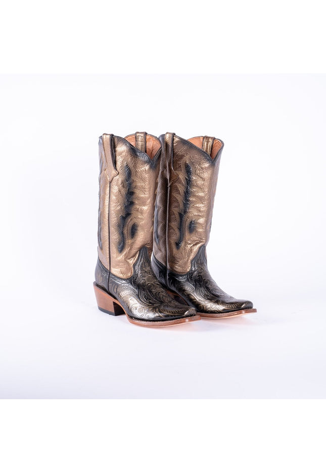 TANNER MARK WOMEN’S Handtooled Print Gold Cowgirl Boots With Burnished Gold Top - Rancho Sementalvariable