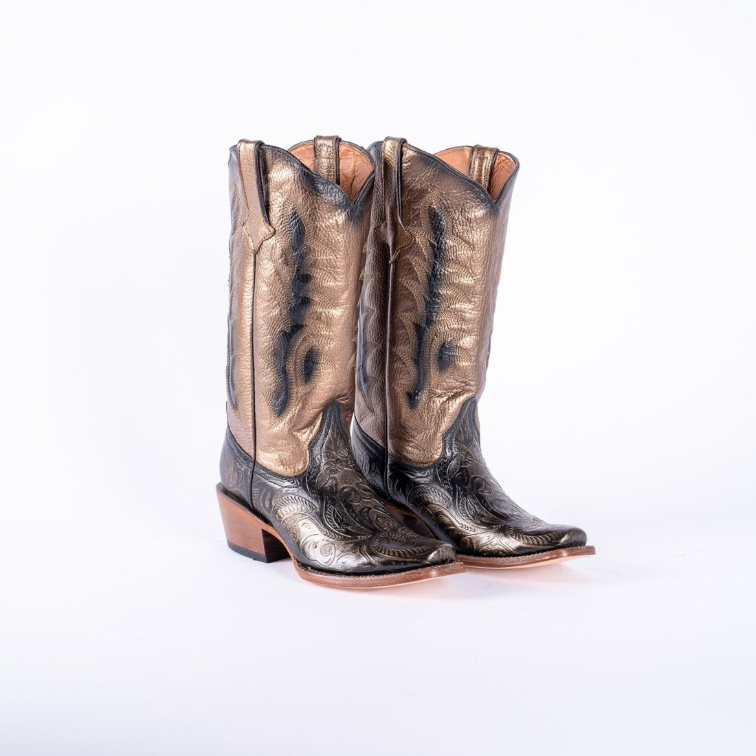 TANNER MARK WOMEN’S Handtooled Print Gold Cowgirl Boots With Burnished Gold Top - Rancho Sementalvariable