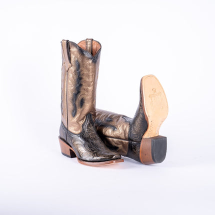 TANNER MARK WOMEN’S Handtooled Print Gold Cowgirl Boots With Burnished Gold Top - Rancho Sementalvariable